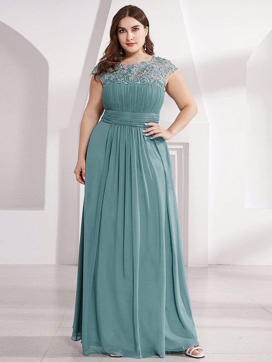 COLOR=Dusty Blue | Maxi Long Lace Cap Sleeve Elegant Evening Gowns-Dusty Blue 1