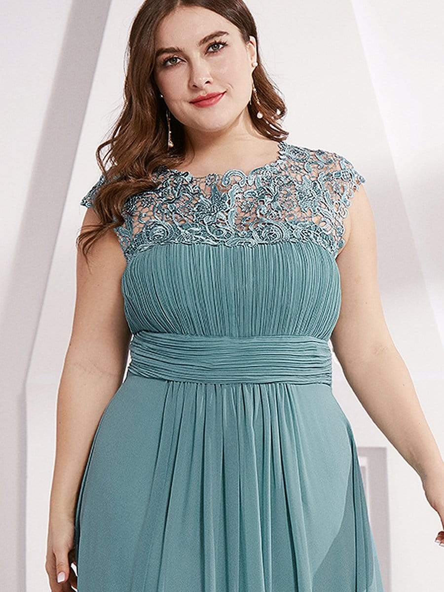 Color=Dusty Blue | Maxi Long Lace Cap Sleeve Elegant Plus Size Evening Gowns-Dusty Blue 3