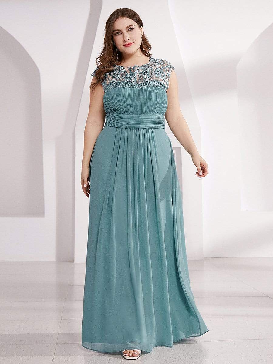 Color=Dusty Blue | Maxi Long Lace Cap Sleeve Elegant Plus Size Evening Gowns-Dusty Blue 1