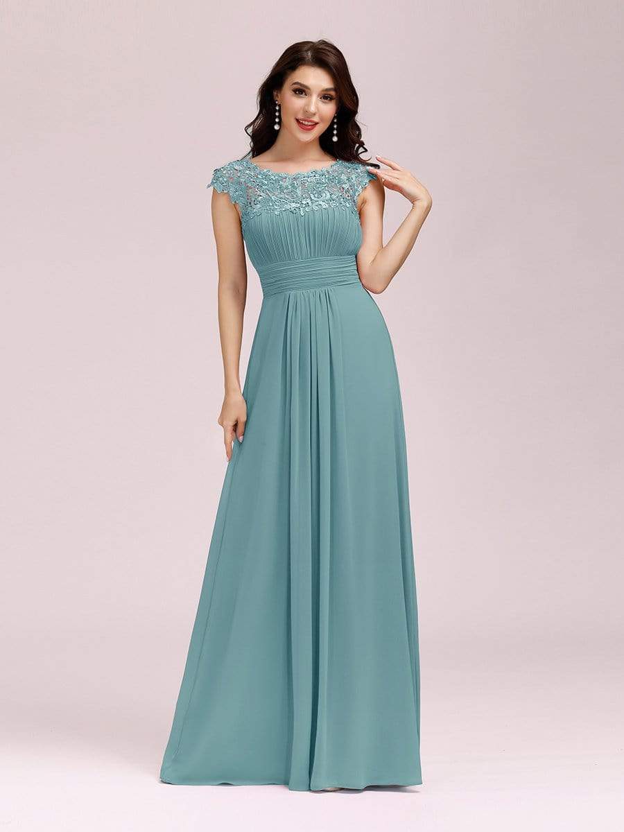 COLOR=Dusty Blue | Maxi Long Lace Cap Sleeve Elegant Evening Gowns-Dusty Blue 1