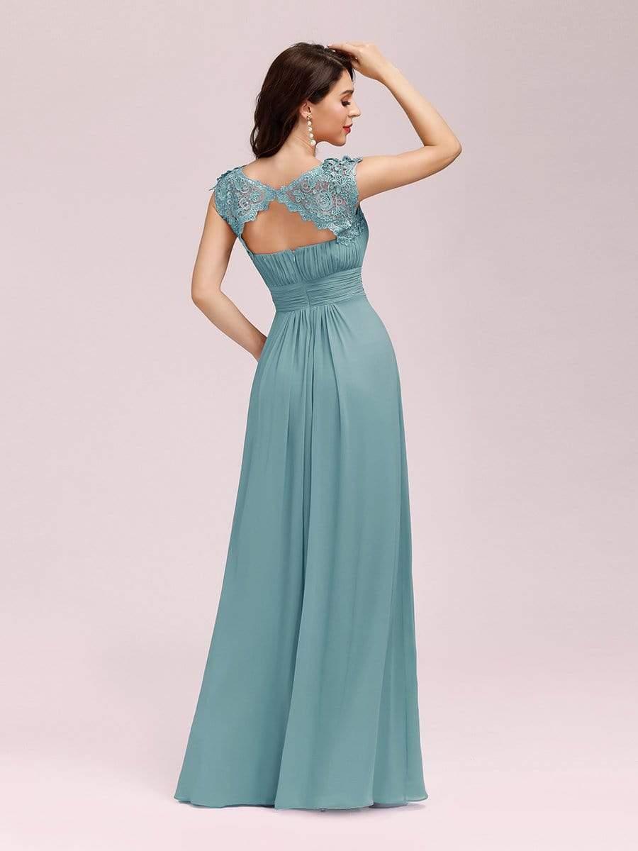 COLOR=Dusty Blue | Maxi Long Lace Cap Sleeve Elegant Evening Gowns-Dusty Blue 1