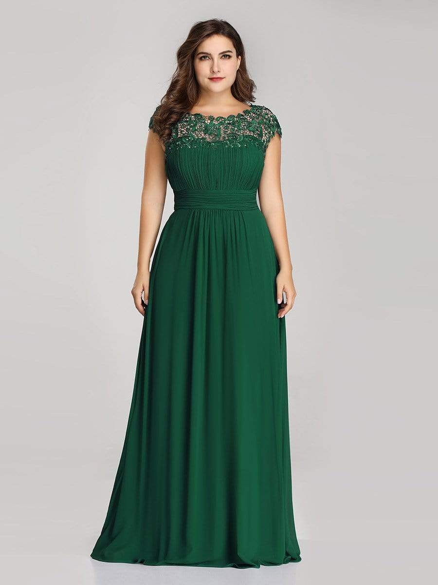 COLOR=Dark Green | Maxi Long Lace Cap Sleeve Elegant Plus Size Evening Gowns-Dark Green 1