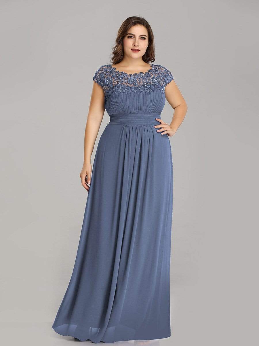 Color=Dusty Navy | Maxi Long Lace Cap Sleeve Elegant Evening Gowns-Dusty Navy 4