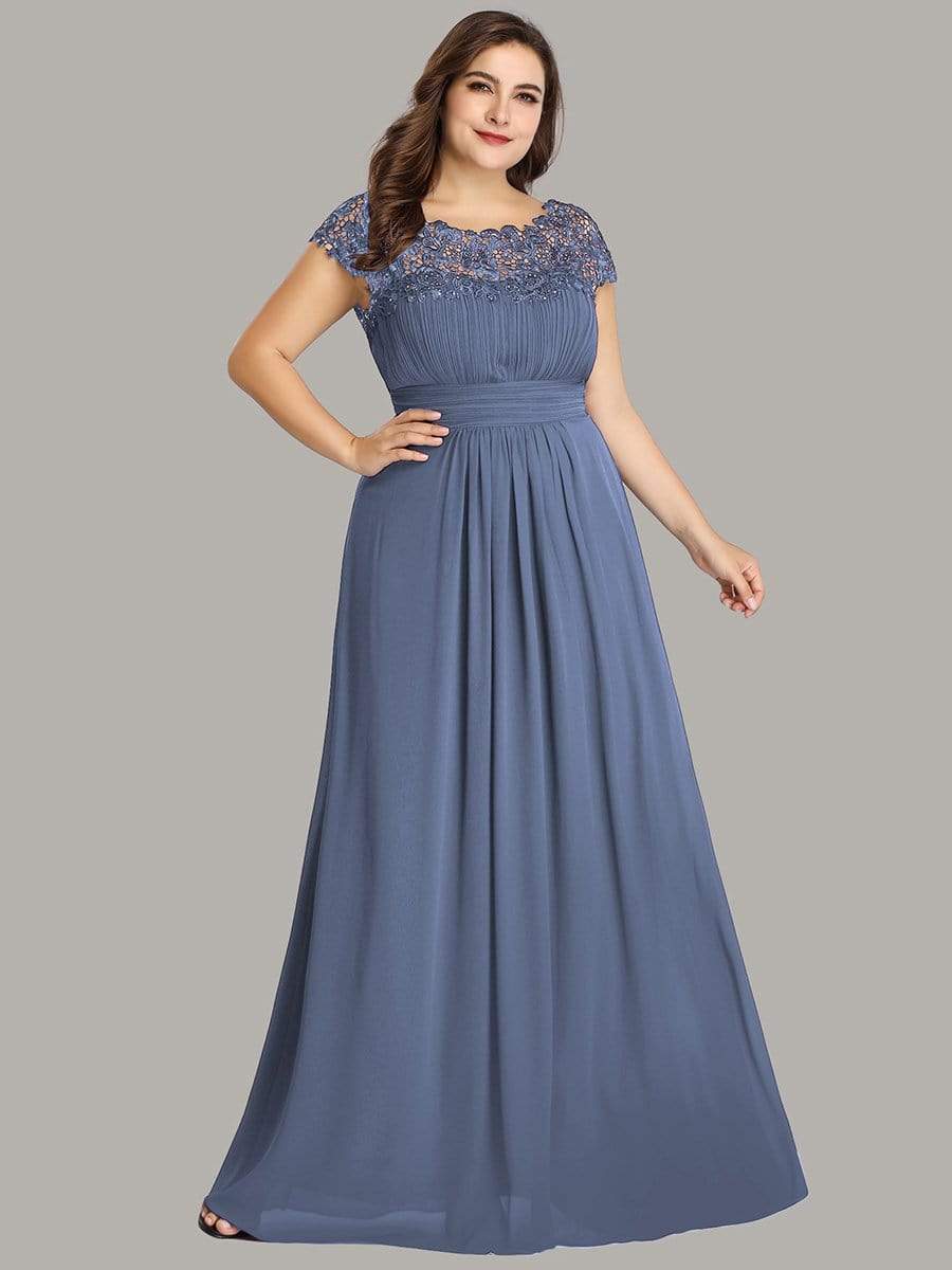 Color=Dusty Navy | Maxi Long Lace Cap Sleeve Elegant Evening Gowns-Dusty Navy 3