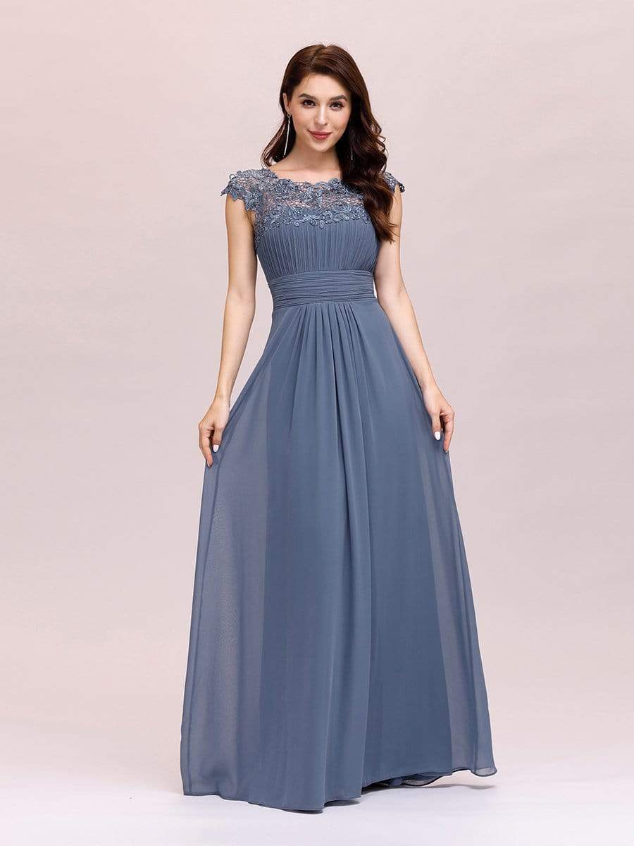 Color=Dusty Navy | Maxi Long Lace Cap Sleeve Elegant Evening Gowns-Dusty Navy 1