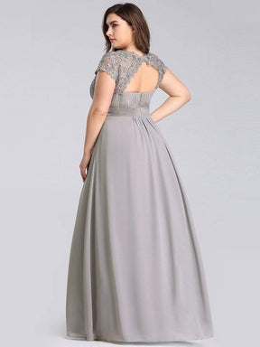 COLOR=Grey | Maxi Long Lace Cap Sleeve Elegant Plus Size Evening Gowns-Grey 2