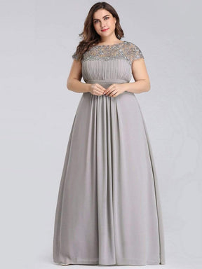 COLOR=Grey | Maxi Long Lace Cap Sleeve Elegant Plus Size Evening Gowns-Grey 3