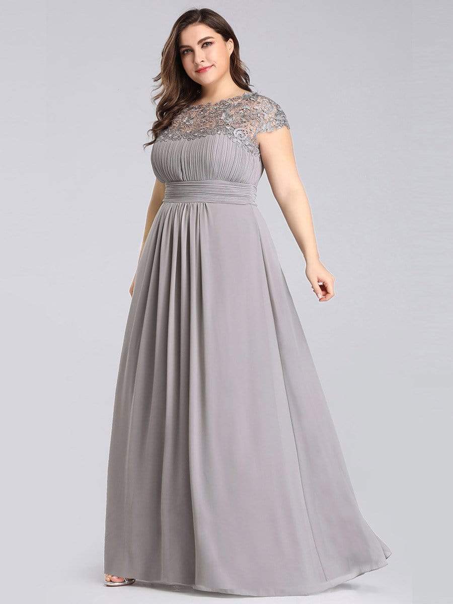 COLOR=Grey | Maxi Long Lace Cap Sleeve Elegant Plus Size Evening Gowns-Grey 4