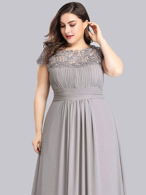 COLOR=Grey | Maxi Long Lace Cap Sleeve Elegant Plus Size Evening Gowns-Grey 5