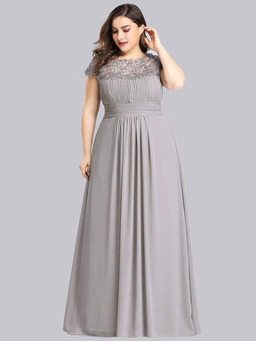 COLOR=Grey | Maxi Long Lace Cap Sleeve Elegant Plus Size Evening Gowns-Grey 1