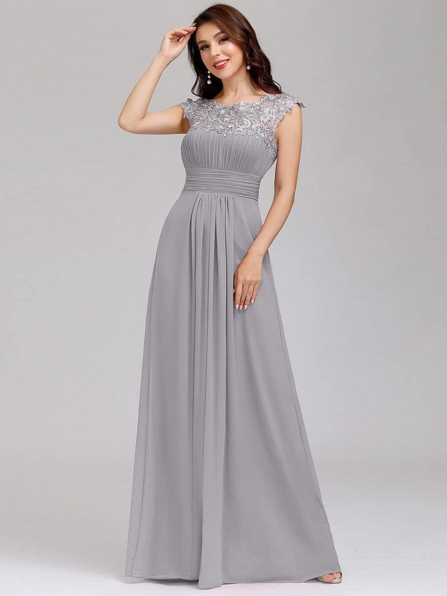 COLOR=Grey | Maxi Long Lace Cap Sleeve Elegant Evening Gowns-Grey 5