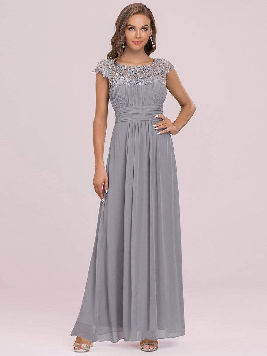 COLOR=Grey | Maxi Long Lace Cap Sleeve Elegant Evening Gowns-Grey 3