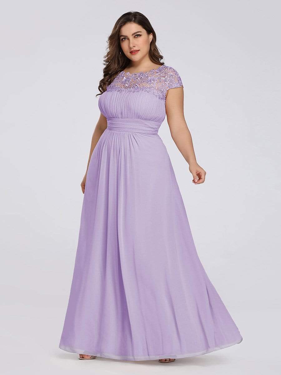 Color=Lavender | Maxi Long Lace Cap Sleeve Elegant Plus Size Evening Gowns-Lavender 1