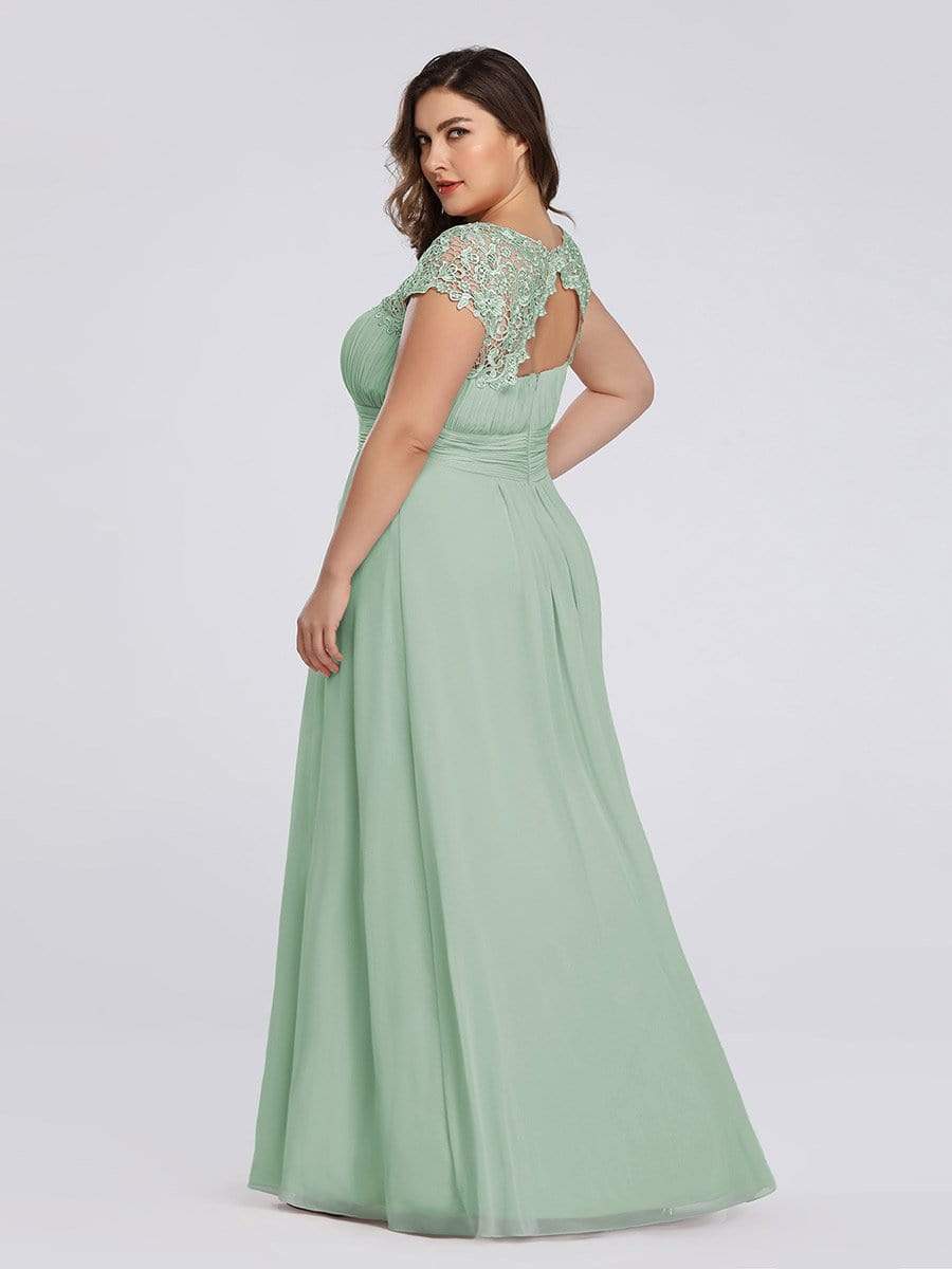 Color=Mint Green | Maxi Long Lace Cap Sleeve Elegant Plus Size Evening Gowns-Mint Green 2