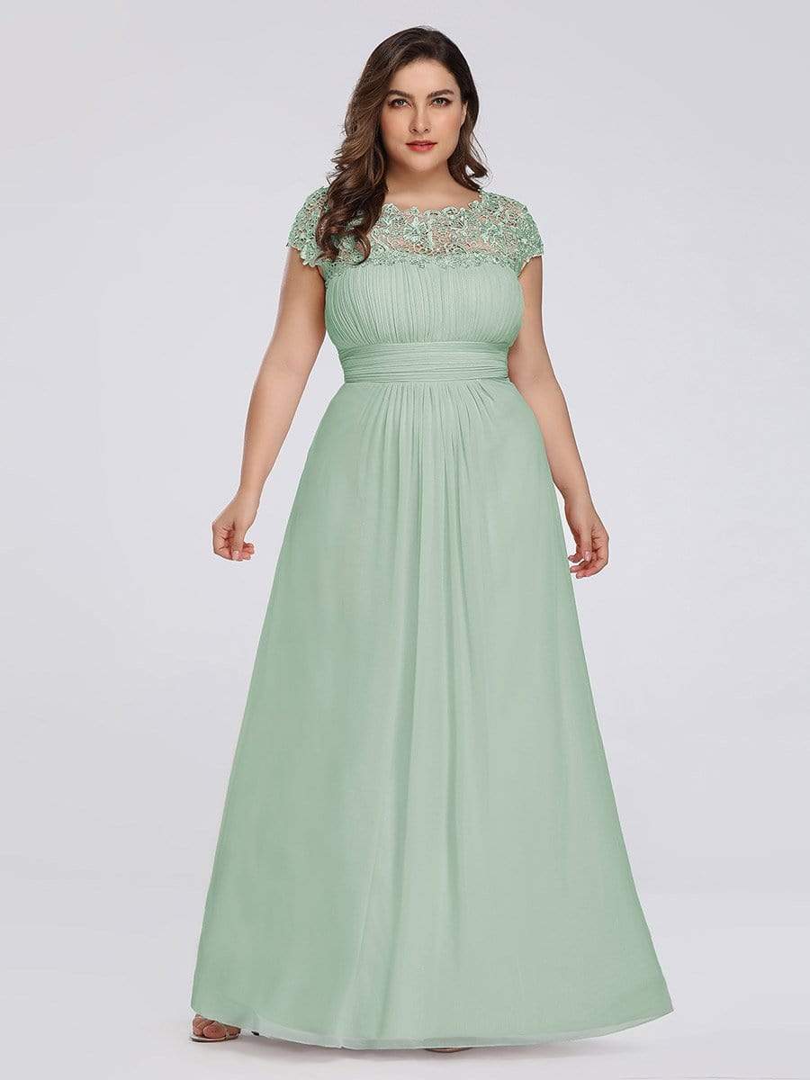 Color=Mint Green | Maxi Long Lace Cap Sleeve Elegant Plus Size Evening Gowns-Mint Green 4