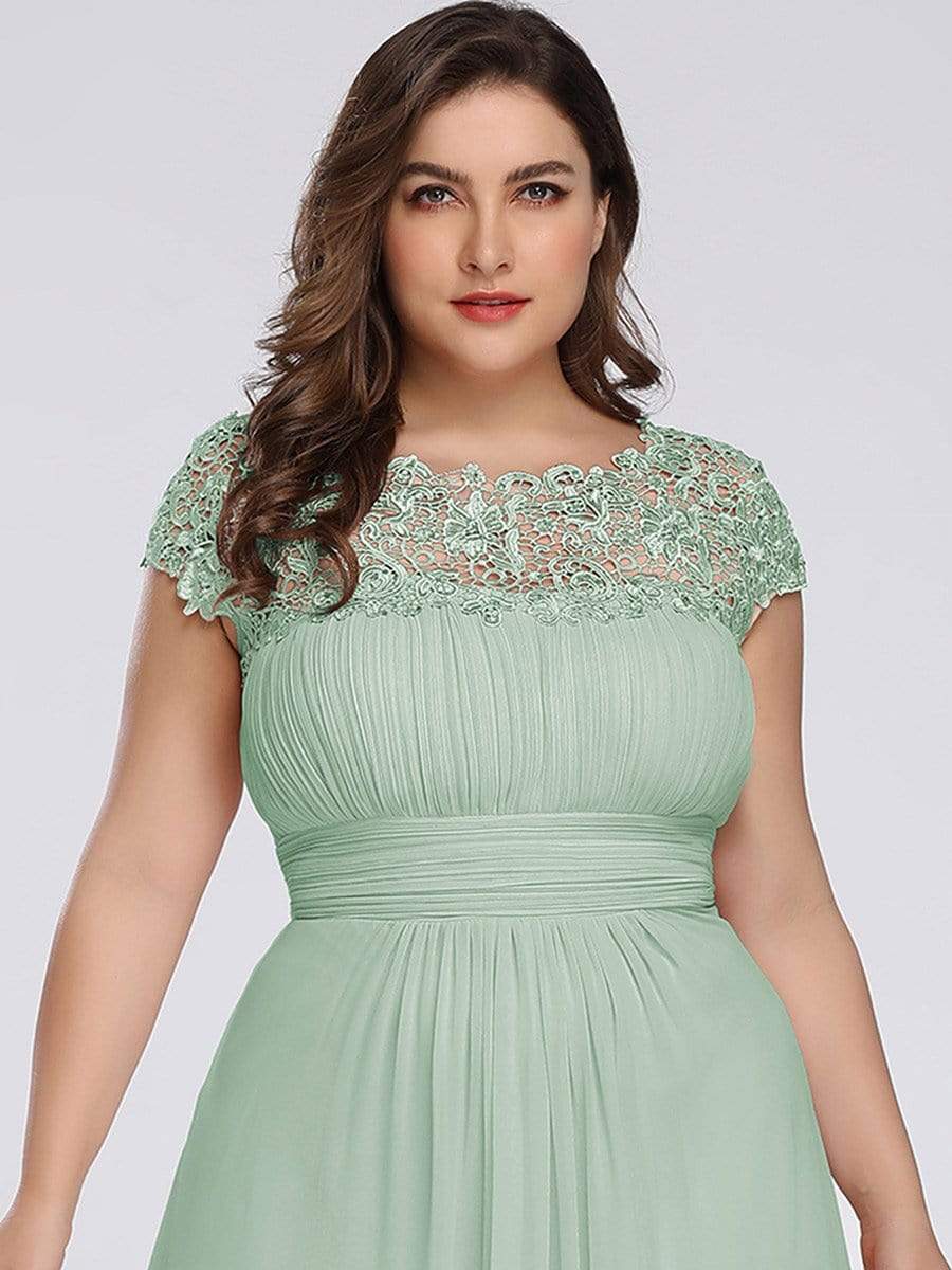 Color=Mint Green | Maxi Long Lace Cap Sleeve Elegant Plus Size Evening Gowns-Mint Green 5