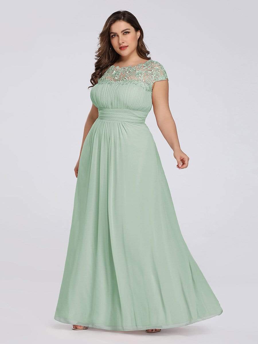 Color=Mint Green | Maxi Long Lace Cap Sleeve Elegant Plus Size Evening Gowns-Mint Green 1