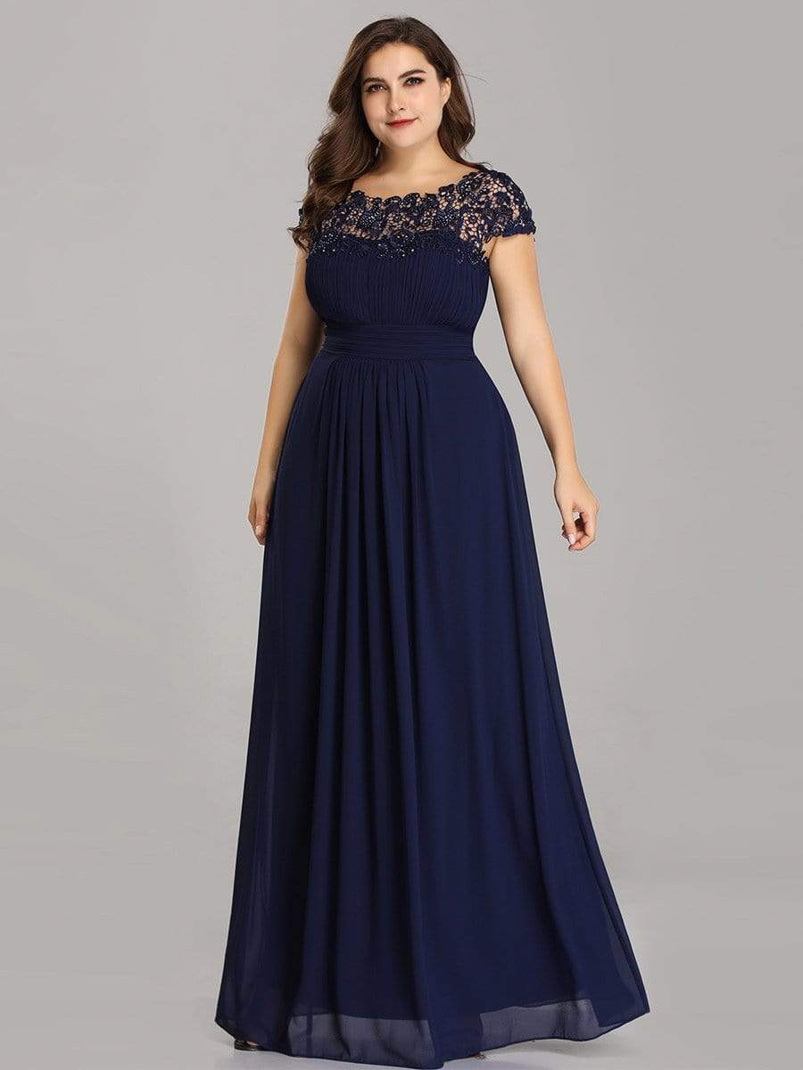 COLOR=Navy Blue | Maxi Long Lace Cap Sleeve Elegant Evening Gowns-Navy Blue 6