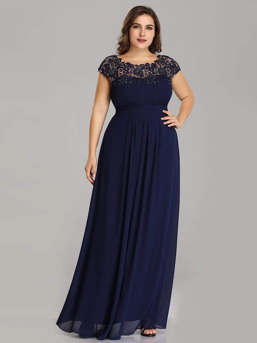 COLOR=Navy Blue | Maxi Long Lace Cap Sleeve Elegant Plus Size Evening Gowns-Navy Blue 4