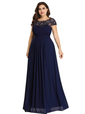 COLOR=Navy Blue | Maxi Long Lace Cap Sleeve Elegant Plus Size Evening Gowns-Navy Blue 5