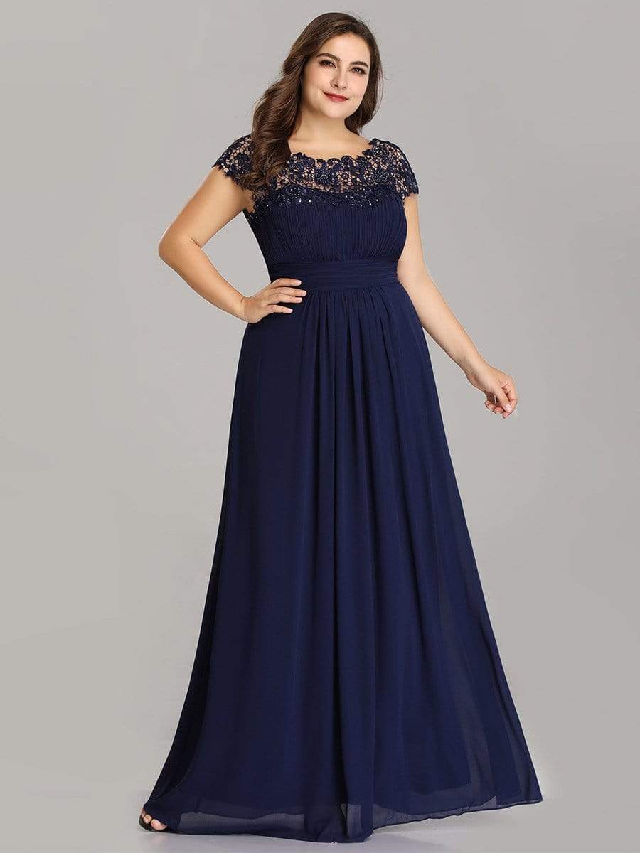 COLOR=Navy Blue | Maxi Long Lace Cap Sleeve Elegant Evening Gowns-Navy Blue 7