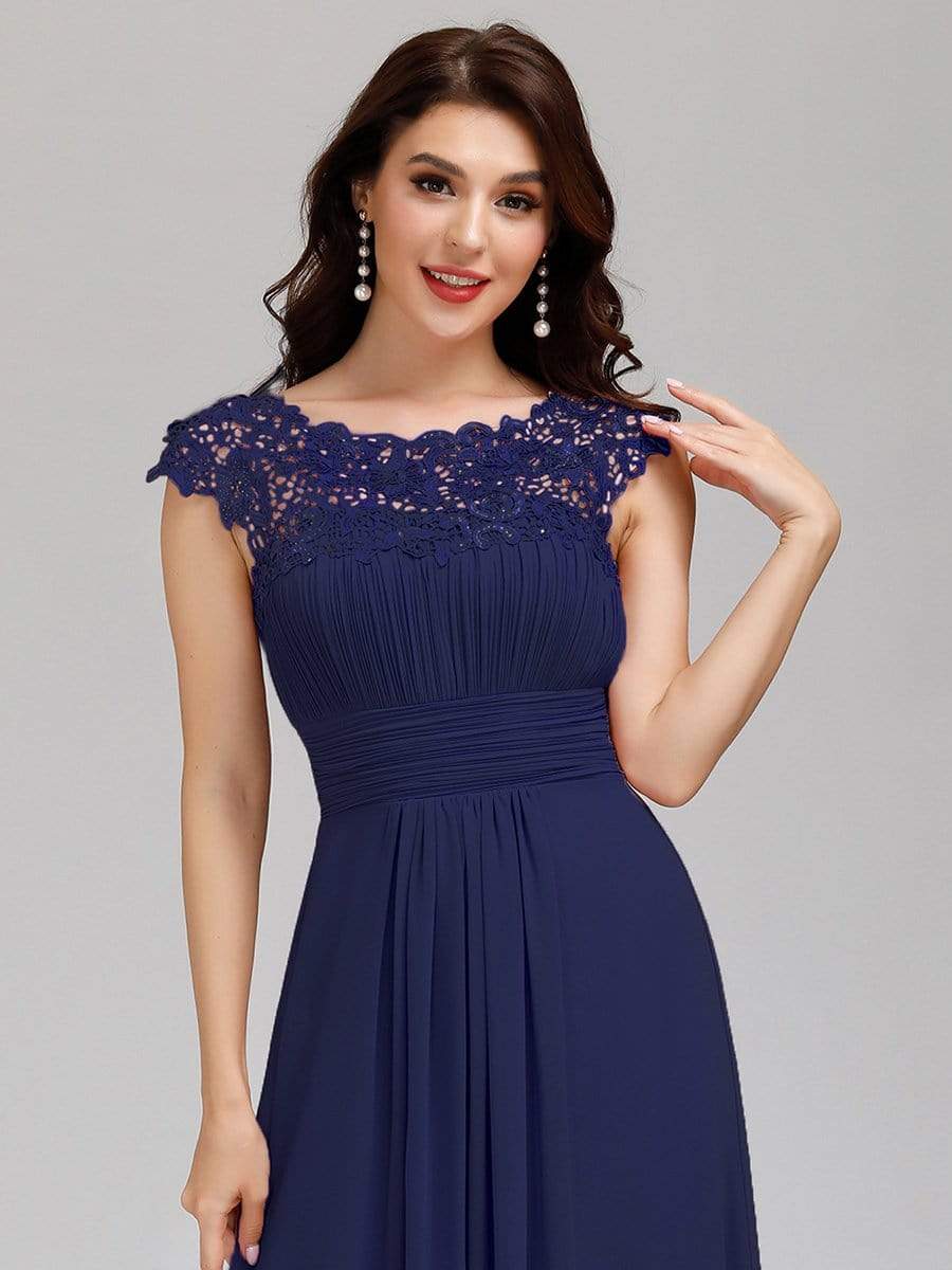 COLOR=Navy Blue | Maxi Long Lace Cap Sleeve Elegant Evening Gowns-Navy Blue 5