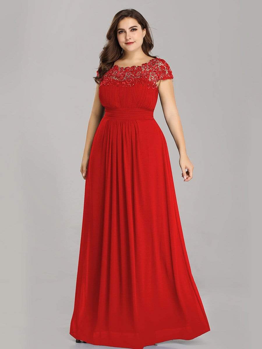 COLOR=Red | Maxi Long Lace Cap Sleeve Elegant Evening Gowns-Red 4