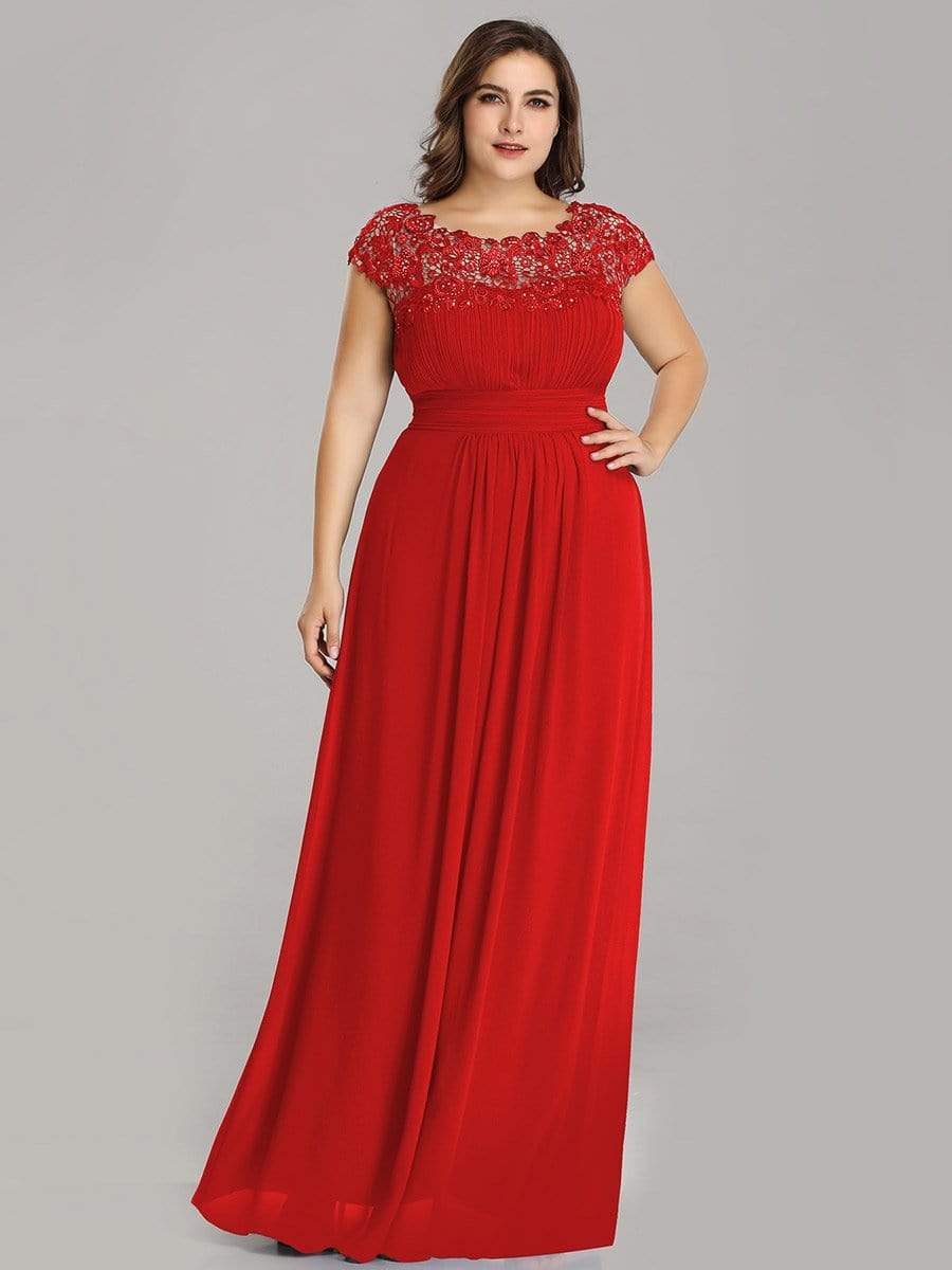 COLOR=Red | Maxi Long Lace Cap Sleeve Elegant Plus Size Evening Gowns-Red 4