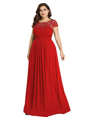 COLOR=Red | Maxi Long Lace Cap Sleeve Elegant Plus Size Evening Gowns-Red 5
