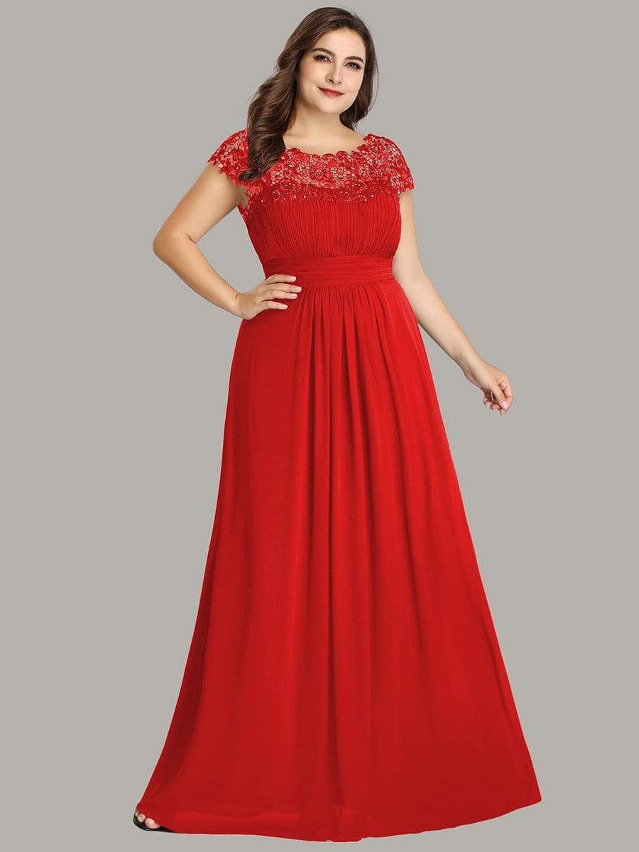 COLOR=Red | Maxi Long Lace Cap Sleeve Elegant Plus Size Evening Gowns-Red 1