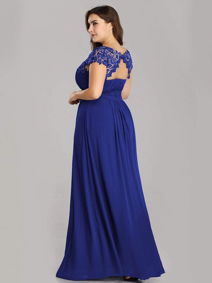 COLOR=Sapphire Blue | Maxi Long Lace Cap Sleeve Elegant Plus Size Evening Gowns-Sapphire Blue 2