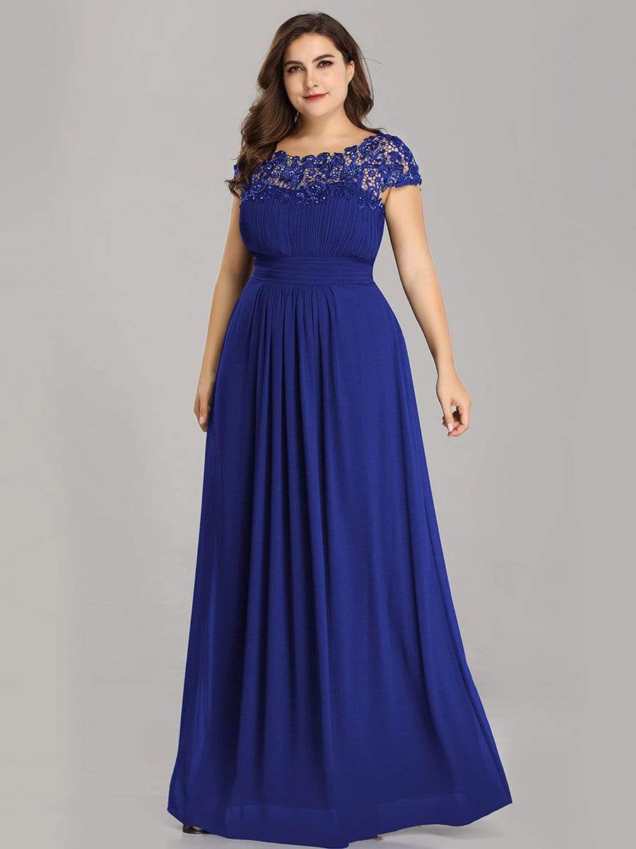 COLOR=Sapphire Blue | Maxi Long Lace Cap Sleeve Elegant Evening Gowns-Sapphire Blue 5