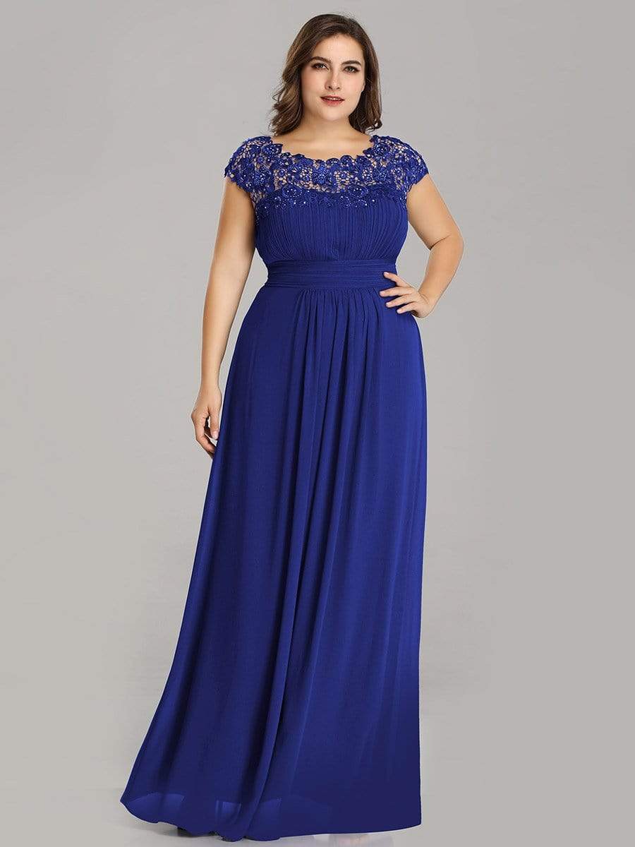 COLOR=Sapphire Blue | Maxi Long Lace Cap Sleeve Elegant Plus Size Evening Gowns-Sapphire Blue 4