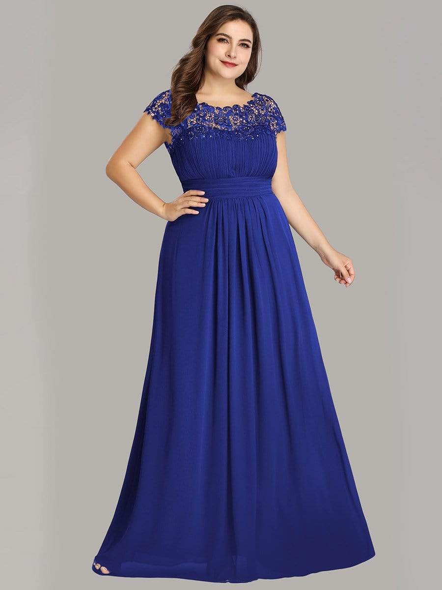 COLOR=Sapphire Blue | Maxi Long Lace Cap Sleeve Elegant Plus Size Evening Gowns-Sapphire Blue 1