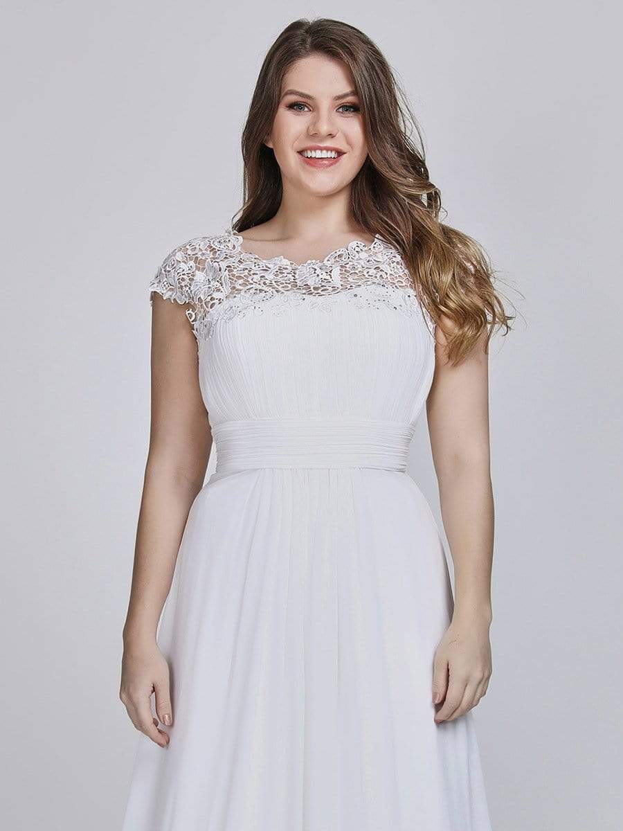 COLOR=White | Maxi Long Lace Cap Sleeve Elegant Plus Size Evening Gowns-White 5