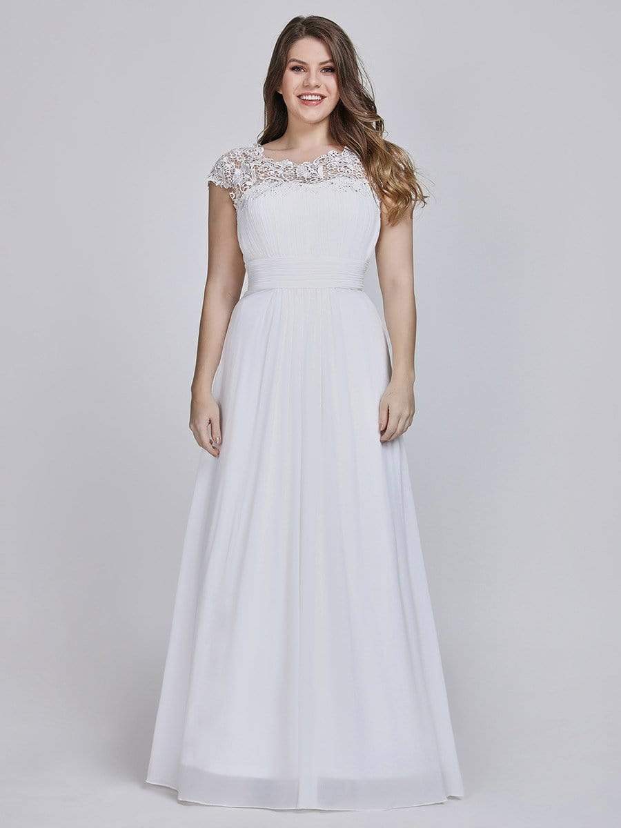 COLOR=White | Maxi Long Lace Cap Sleeve Elegant Plus Size Evening Gowns-White 1
