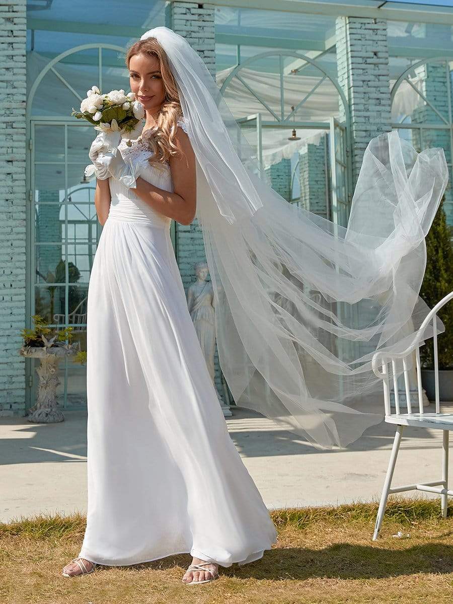 Color=White | Plain Pleated Chiffon Wedding Dress With Lace Decorations-White 3