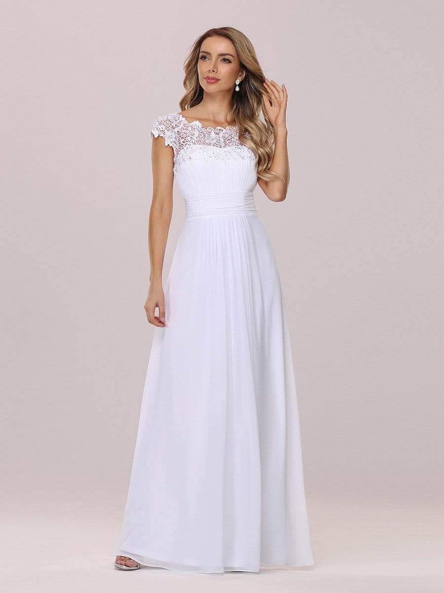 Color=White | Plain Pleated Chiffon Wedding Dress With Lace Decorations-White 6
