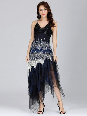 Color=Navy Blue | Women'S Sexy V Neck Floor Length Cocktail Prom Dress-Navy Blue 4