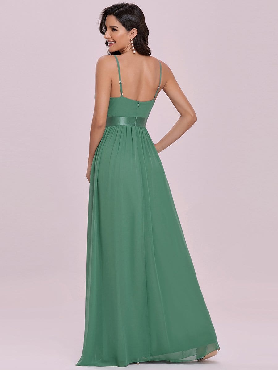 Color=Green Bean | Low Back Deep V Neck Pagoda Sleeve Bead Waist Bridesmaid Dress-Green Bean 5