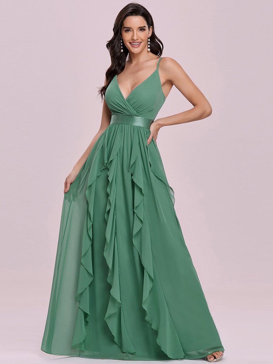 Color=Green Bean | Low Back Deep V Neck Pagoda Sleeve Bead Waist Bridesmaid Dress-Green Bean 4