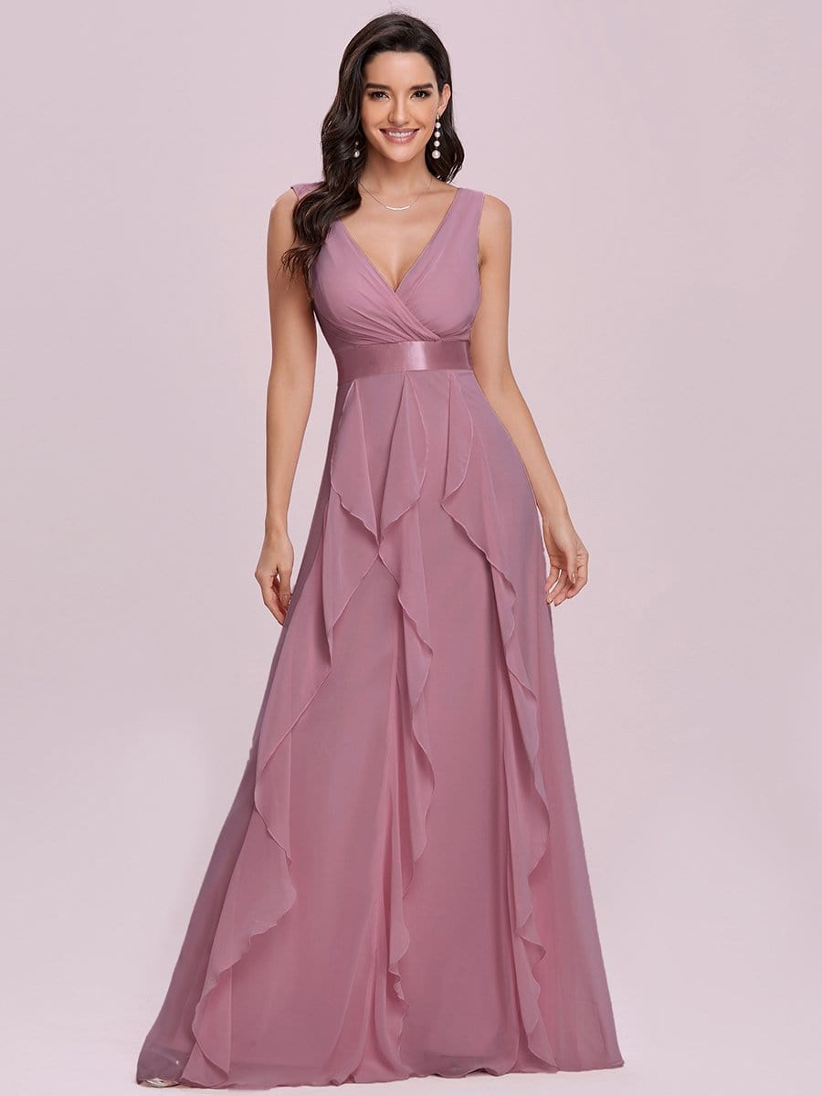 Color=Purple Orchid | Sleeveless Double Deep V Lotus Leaf Long Bridesmaid Dress-Purple Orchid 1