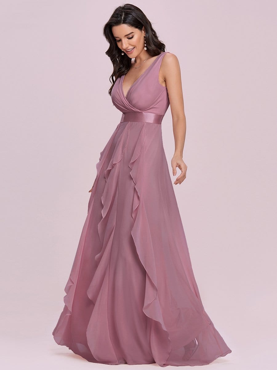 Color=Purple Orchid | Sleeveless Double Deep V Lotus Leaf Long Bridesmaid Dress-Purple Orchid 5