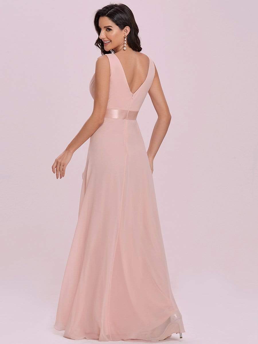 Color=Pink | Sleeveless Double Deep V Lotus Leaf Long Bridesmaid Dress-Pink 5