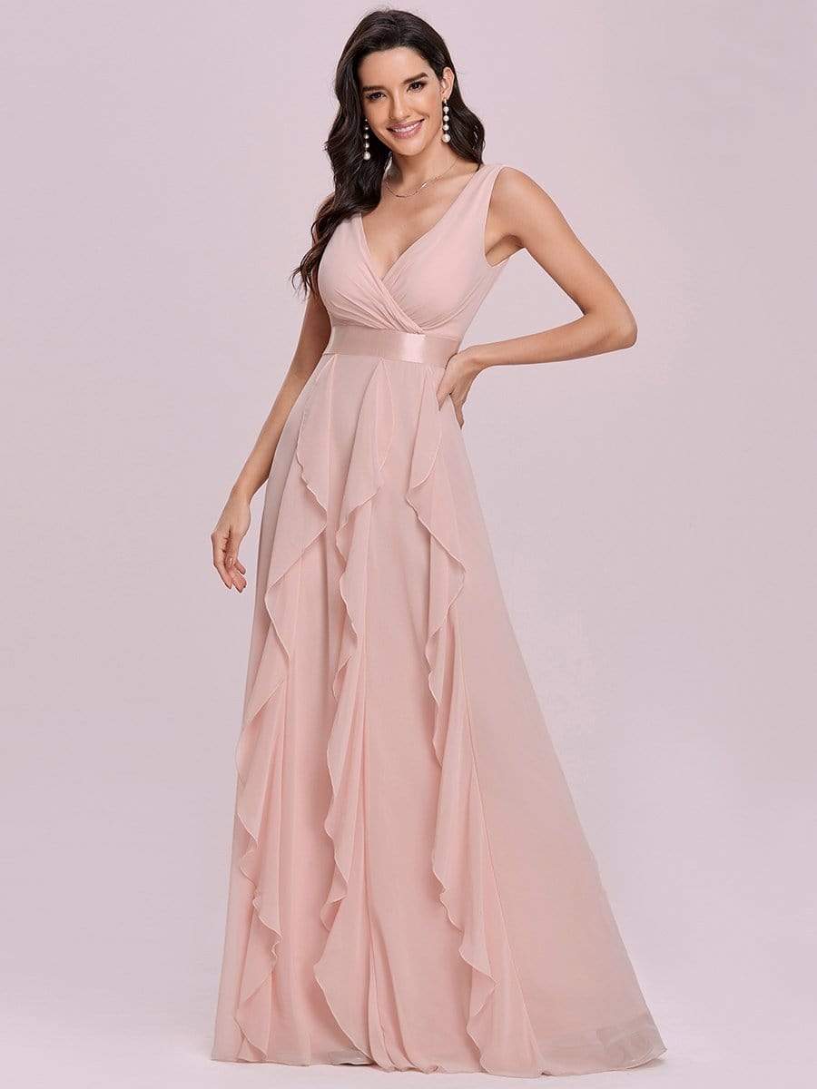 Color=Pink | Sleeveless Double Deep V Lotus Leaf Long Bridesmaid Dress-Pink 4