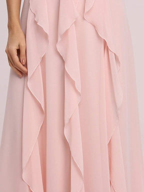 Color=Pink | Sleeveless Double Deep V Lotus Leaf Long Bridesmaid Dress-Pink 3
