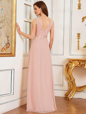 Color=Pink | Sleeveless Double Deep V Lotus Leaf Long Bridesmaid Dress-Pink 2