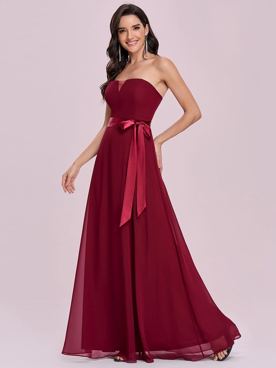 Color=Burgundy | Romantic Strapless Floor Length Waistband Bridesmaid Dress-Burgundy 6