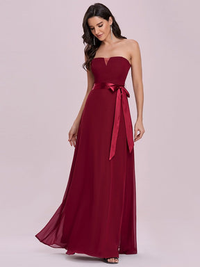 Color=Burgundy | Romantic Strapless Floor Length Waistband Bridesmaid Dress-Burgundy 7