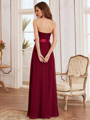 Color=Burgundy | Romantic Strapless Floor Length Waistband Bridesmaid Dress-Burgundy 2